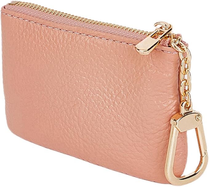 Full Grain Leather Coin Purse with Key Chain - Small Change Purse Keychain Card Holder Keychain Pouch Small Keychain Wallet for Women and Men (Pink)