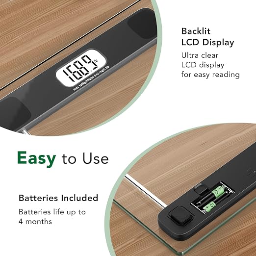 ZOETOUCH Scale for Body Weight, Accurate Bathroom Scales, Digital Weighing Machine for People, 400lb Capacity, LCD Display, Step-On Technology, Tempered Glass, Measuring Tape Included