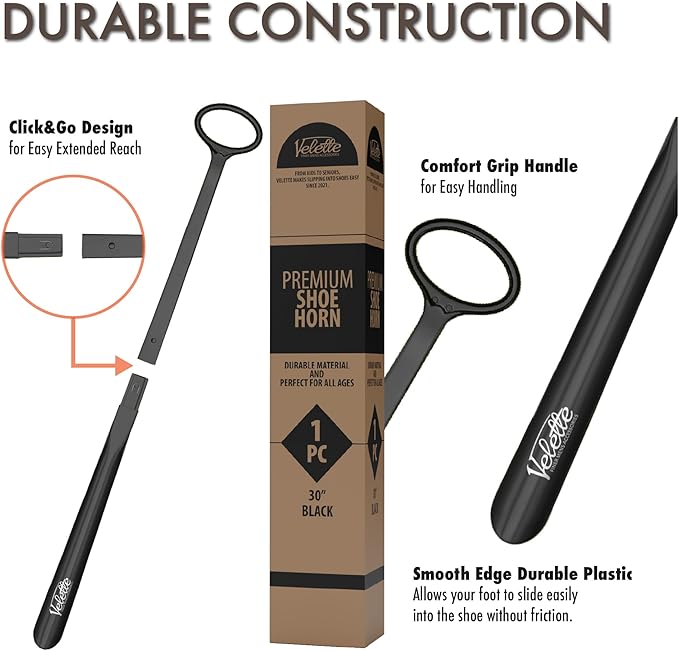 Velette 30" Extra Long Shoe Horn - Plastic Shoe Horn Long Handle for Seniors, Men, Women & Kids - Boot Horns, Shoehorn Long-Handle, Elderly Must Haves - Shoes Spoon, Helper Stick, Gifts for Seniors