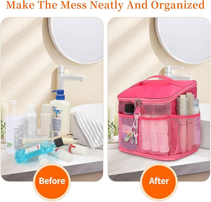 CUBETASTIC Shower Caddy Portable Mesh Shower Tote for Bathroom, Gym, Travel, Camping - Quick Dry Hanging Organizer Toiletry Bag with Handle for College Dorm Room, Men & Women (A# Hot Pink, 9.8")