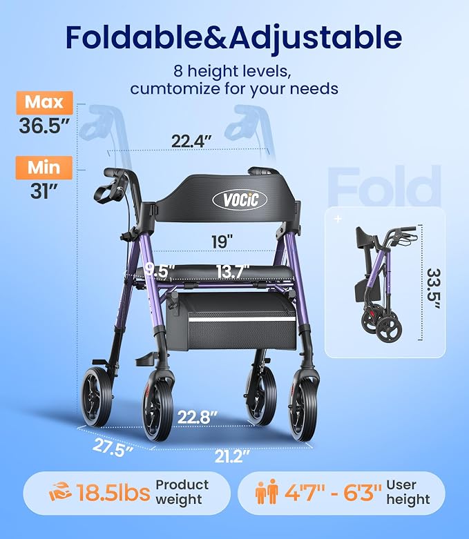 VOCIC Z21 Rollator Walker for Seniors with Seat, 8" All Terrain, 350 LBS | Lightweight Foldable & Dual Height Adjustable for Seniors, Ergonomic Arc Seat&6" Ultra Backrest Provide Comfort, Purple