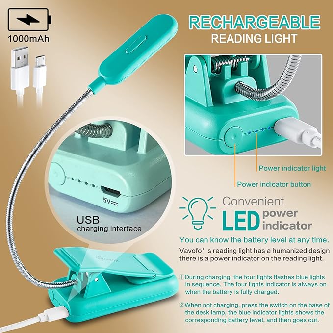 VAVOFO Clip On Book Light for Bed Kids, 7 LED Reading Light with 9-Level Warm Cool White Daylight, Eye Care Lamp with Power Indicator for Bookworms (Blue)