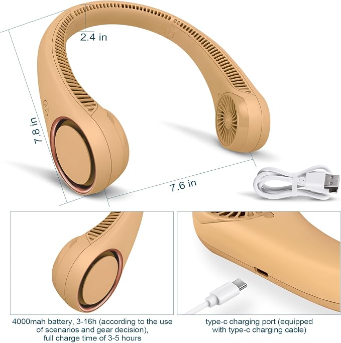 CIVPOWER Neck Fan: Portable Personal Neck Cooling Rechargeable Bladeless Fan - Hands Free 3 Speed 4000 mAh Battery USB Operated Wearable Headphone Design - Gift for Men Women Outdoor (Orange)