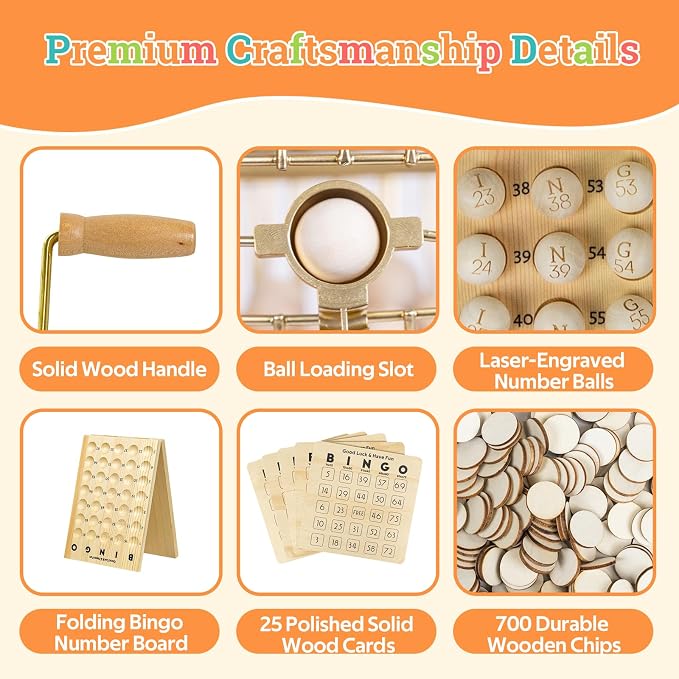 Deluxe Wooden Bingo Game Set with Large Metal Bingo Cage, 25 Reusable Bingo Cards, 75 Wooden Bingo Balls & Number Board, 700 Chips – Bingo Game for Adults, Family Game Night & Large Groups