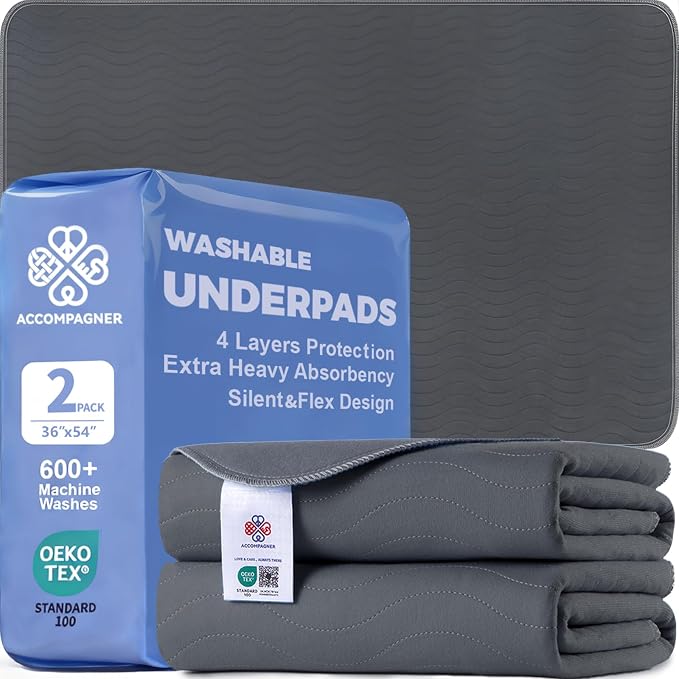 Accompagner Incontinence Bed Pads Washable Waterproof Underpads 36"x54" 2pc | 4-Layer Heavy-Absorbency Reusable Pee Pads for Adults, Kids, Elderly, Dogs, Bedridden, Bedwetting, Nursing, Sofa (Dark Gray)
