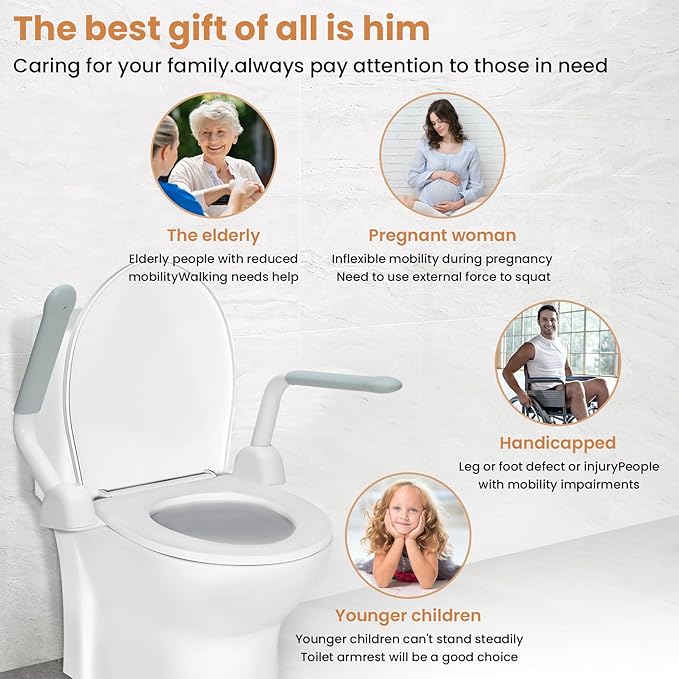 Toilet Safety Rails for Seniors 、 Adjustable Armrest, Space Saving, Stylish and Durable, Anti Slip and Anti Fall, Suitable for Elderly, Disabled, Pregnant Women with Armrest Toilet Safety Rail