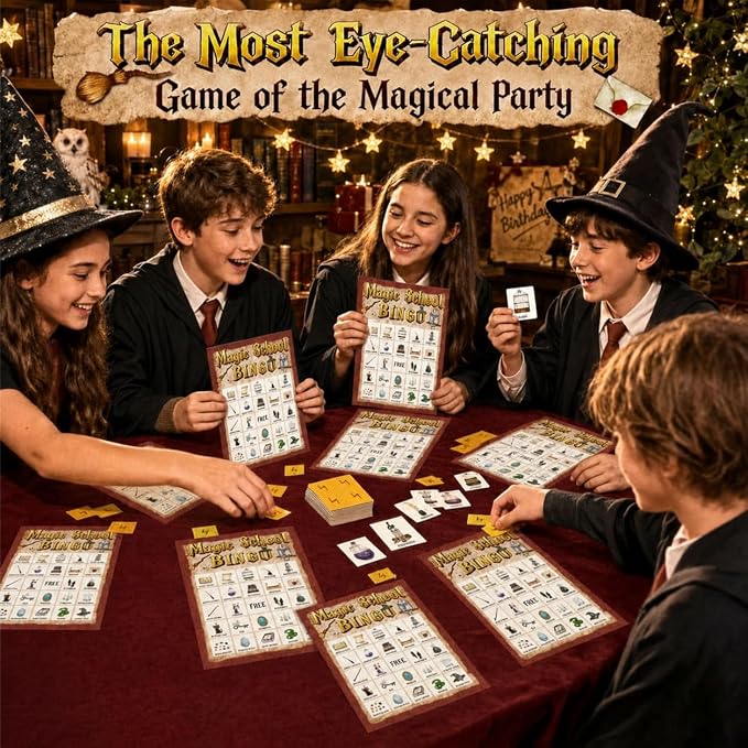 39Pcs Magic School Theme Party Bingo Game for Adults 24 Players Magical Witch Owl Bingo Cards with Reward Stickers for Family Friend Student Large Group Activities Vintage Magical Theme Party Favors
