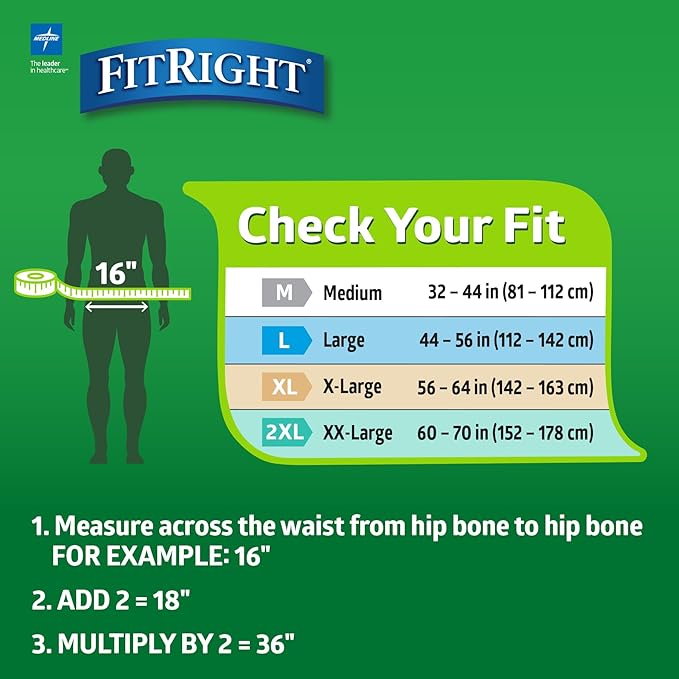 FitRight Adult Diapers, Extra+ Heavy Absorbency, XL (Waist Size 56in-64in), 80 Count, OptiFit Incontinence Briefs for Men and Women, Disposable, Moisture-Wicking, Leak Protection,