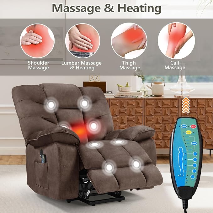 HAOMARKETS Oversized Power Lift Recliner Set of 2 with Massage and Heat for Elderly, Electric Lifting Reclining Chair with Side Pockets and USB Port for Living Room, Drown