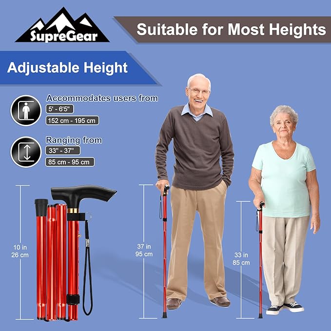 supregear Folding Cane, 5-Level Adjustable Height Walking Stick Lightweight Collapsible Portable Travel Cane with Wrist Strap and T Handle for Elderly Disabled Men Women