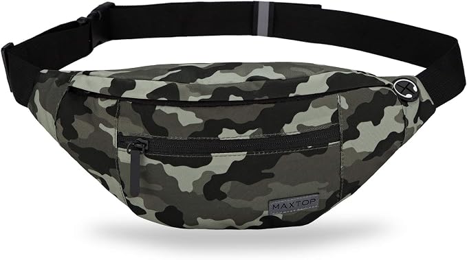 Large Camo Green Fanny Pack Hands-Free Belt Bag Carrying All Size of Phones | 4-Zipper Pockets,Polyester,Gifts for Enjoy Festival Sports Workout Traveling Running Casual Hands-Free Waist Pack Belt Bag