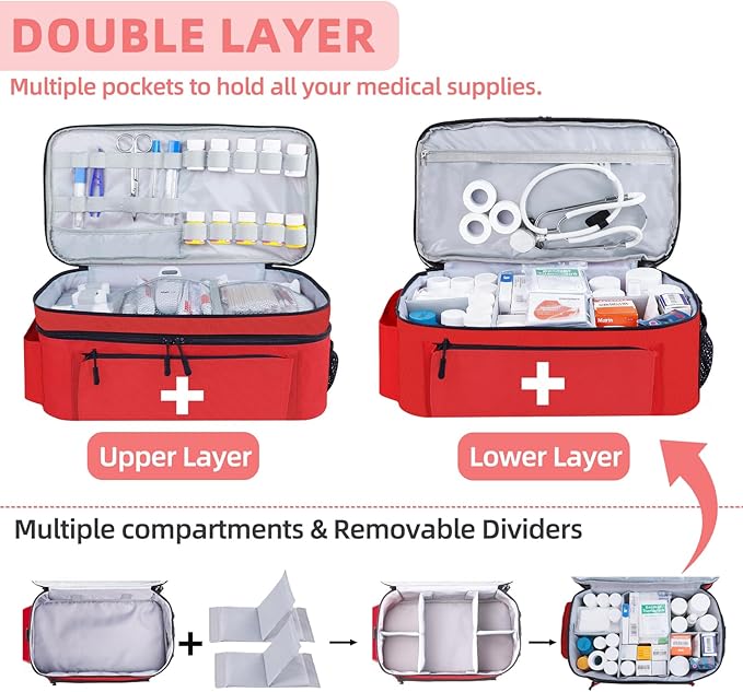 First Aid Bag Empty Large Medical Bag with Shoulder Strap 16”x 9½” x 7” Medicine Organizer Box Travel First Aid kit Emergency Supplies Storage Bag for Car, Home, Office, Outdoor (Red)