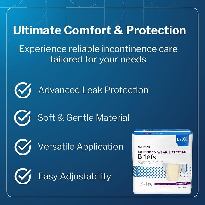 McKesson Extended Wear Stretch Briefs, 14 Count, Size L/XL (48–66 in) – Overnight Adult Diapers with Tabs, Maximum Absorbency, Unisex Disposable Incontinence Briefs for Men and Women
