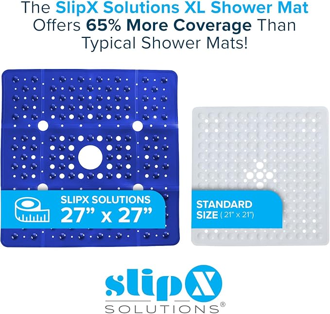 SlipX Solutions 27" Oversize Square Shower Mat, Non-Slip Mat for Elderly & Kids, 100+ Power Grip Suction Cups for Smooth Surfaces, Machine Washable, Solid Navy Blue