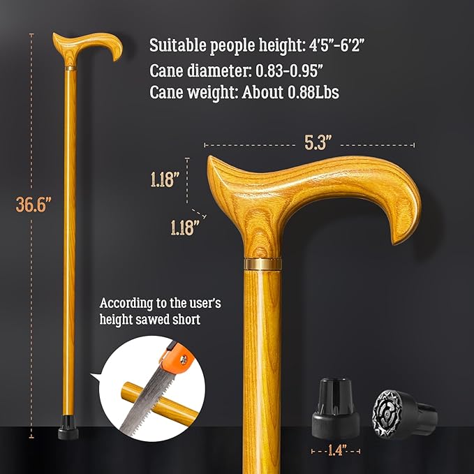 Wooden Walking Cane for Men and Women -Natural Solid Wood, 3 Rubber Tips, Heavy Duty, with Travel Bag- Wooden Walking Stick, Ergonomic Canes for Seniors Unisex Walking Canes