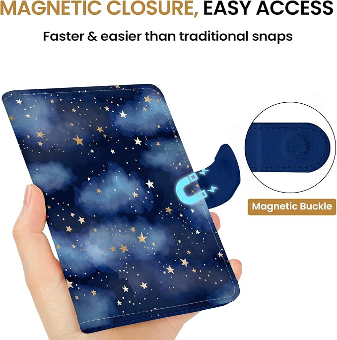 Passport Holder for Travel Essentials, RFID Blocking Leather Cover Wallet with Magnetic Closure, Aesthetic & Cute Passport Book Case for Women and Men - Star