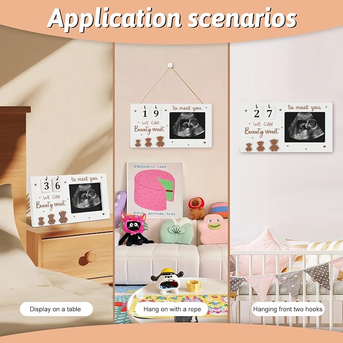 Draupnir Sonogram Picture Frame, Wooden Ultrasound Photo Frame with Baby Countdown Weeks, Bear-Themed Ultrasound Keepsake Gift for Expecting Parents, New Mom - First Pregnancy, Announcement (Brown)