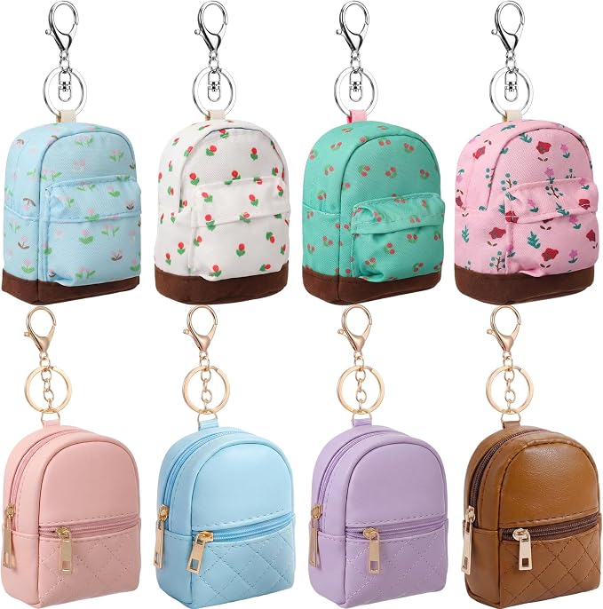 Hsei 8 Pcs Mini Backpack Keychain Coin Purse Tiny Key Chain Cute Cosmetic Bag Change Pouch Wallets Mini Gifts for Women Multi Pocket Card Holder Small Items Cable Organizer Zipper Pouch (Fresh Mix)