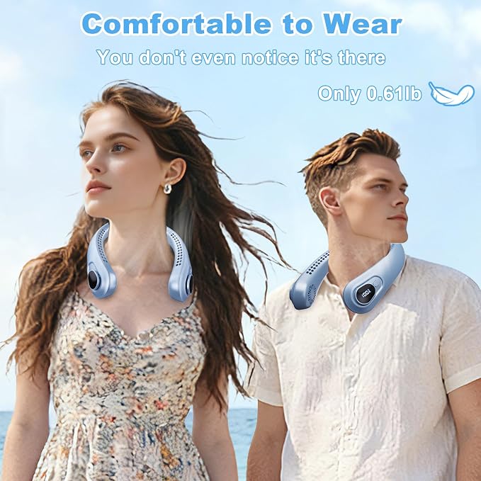 Portable Neck Fan Rechargeable - [with LED Display] 5 Speeds, 5000 mAh Battery Operated Wearable Personal Cooling Bladeless Fan for Outdoor Travel, Gifts for Men Women Kids,Sky Blue
