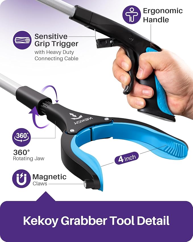 Kekoy 40 Inch Grabber Reacher Tool for Seniors, Foldable Reacher Grabbers Pickup Stick with Anti-Slip 360° Rotating Jaw, 4" Wide Extended Claw with Magnet for Disabled, After Surgery Recovery