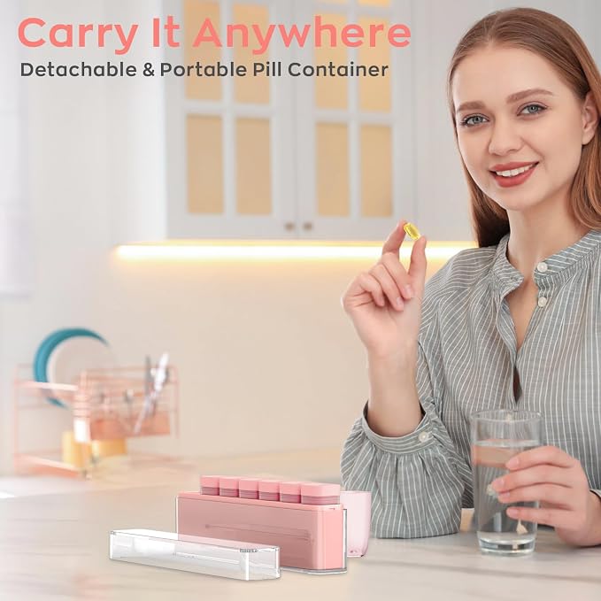 HIONXMGA Weekly Pill Organizer, Detachable 7-Color Pill Box, Easy Tracking | Portable Travel Pill Case Container for Daily Vitamin Supplement Fish Oil, Silicone-Seal, Lasting Labels, Quick Fill (Pink)
