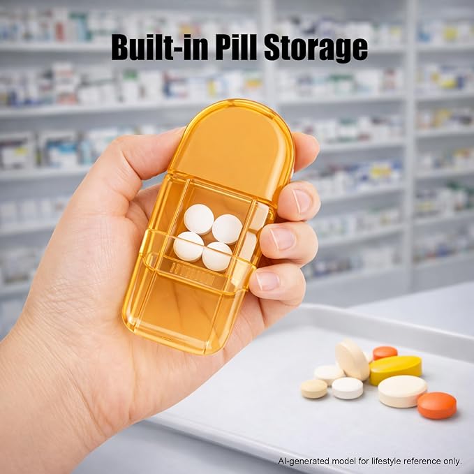 Pill Cutter and Crusher, Tablet Splitter for Small and Tiny Pills, Pill Storage and Built-in Cleaning Brush, for Small and Large Pills, Vitamins and Medications with Safety Blade Guard– Orange