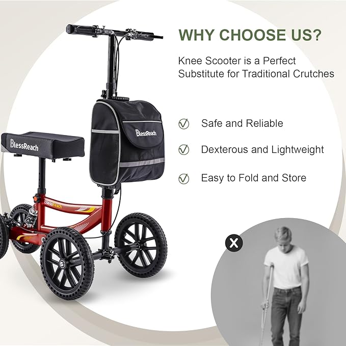 Knee Scooter, 300lbs Capacity, 13" Big PU Seat, Disc Brake Knee Walker, All Terrain Foldable Knee Scooter Walker with Bag for Foot Injuries Compact Crutches Alternative (Burgundy)