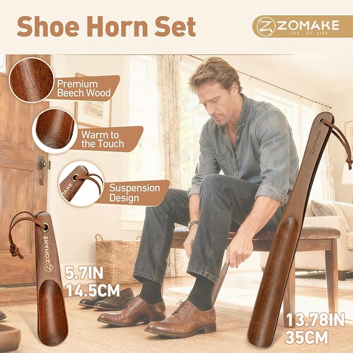 ZOMAKE Wooden Shoe Horn Long Handle for Men Women 15.7" 13.8" | Long Shoehorn Boot Horn for Seniors, Sturdy Wooden, Shoes Protection, No Bend Over, Easy Shoe Wear for Home Office Use