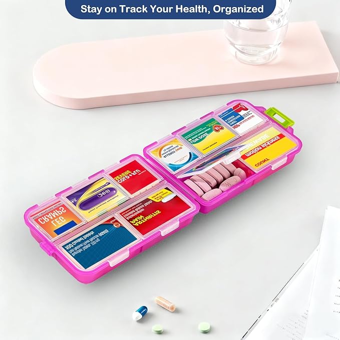 3 Pack Extra Large Pill Organizers with Medicine Labels, Pink Blue Purple | Includes 3 extra large cases with 3x161 labels and 10 compartments each for 7-day planning and travel
