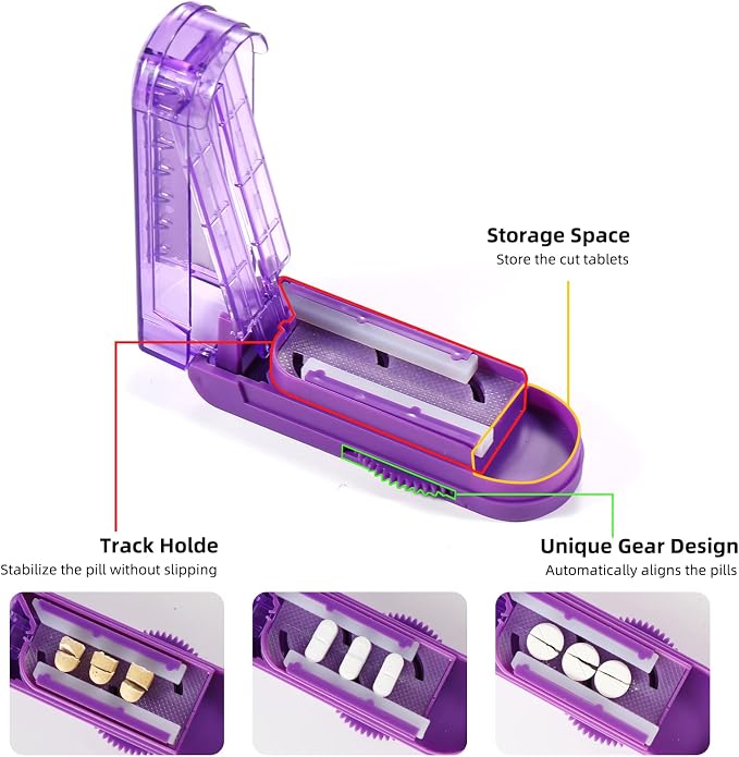 Pill Cutter Splitter for Small and Tiny Pills, Adjustable Pill Cutters for Small Tablets, Accurately Cuts Multiple Pills at Once (Sharp Blade with Safety Guard,Non-Slip Silicone Edge)