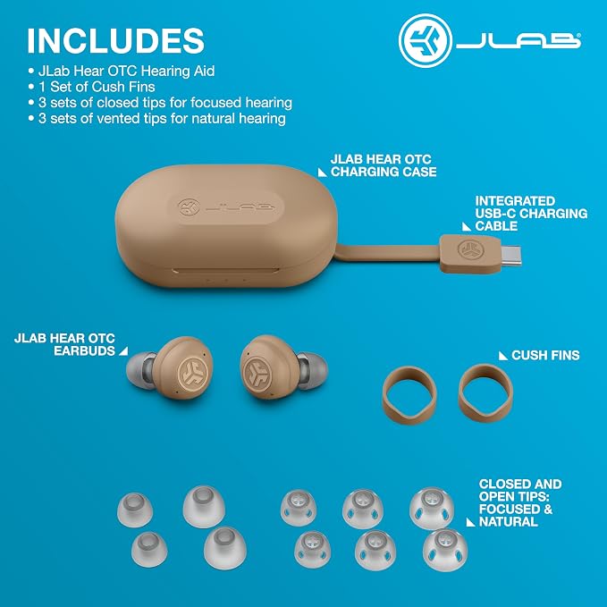 JLab, Hear, OTC Hearing Aid Earbuds, Bluetooth, Beige