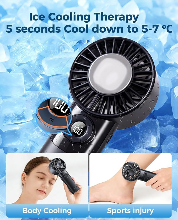 Portable Handheld Fan with Semiconductor Ice Cooling, 5 Seconds Cool Down | 4000mAh Handheld Fan/Table Fan/Neck fan 3 In 1, Rechargeable 10500 RPM Turbo cooling fan for Outdoor,Office,Camping,Travel