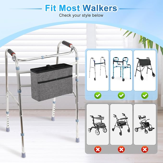 Rhino Valley Walker Basket for Walkers Accessories for Seniors,Gray | Basket for Walkers with Multi Pockets, Hand-free Carry Pouch Storage Bag Walker Accessories for Universal Walkers for Seniors