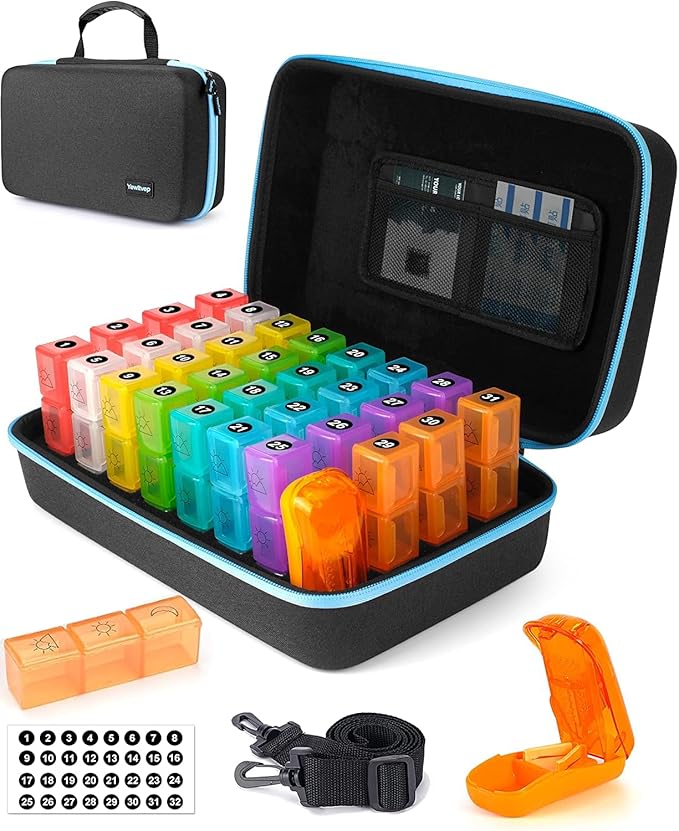Monthly Pill Organizer 3 Times a Day with Pill Cutter, 30 Days Pill Organizer Monthly, Month Medicine Box Holder Organizer with 31 Daily Compartments, Hard Shell Travel Case & Removed Shoulder Straps