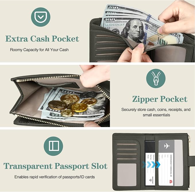 RFID Passport Holder for Travel, Leather Passport Wallet Cover with Airtag | with Airtag Slot, Card Cash Holders, Zippered Coins Pocket, for Women/Men, Gift Box, Travel Essentials, 4.1"L x 1"W x 6.3"H