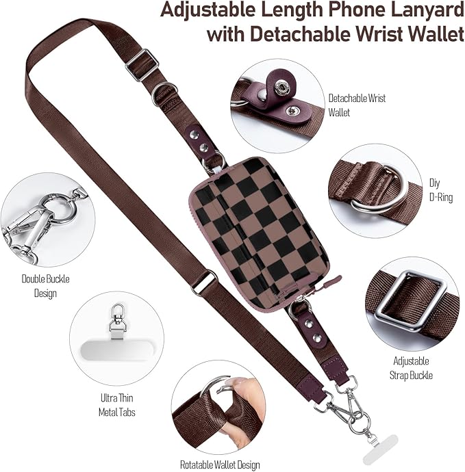 Tiostep Clip and Go Strap for Phone with Wallet Crossbody Phone Lanyard Adjustable and Detachable RFID Wristlet Wallet (Black Brown Checkered, Medium)