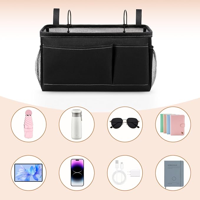 Bedside Caddy for Dorm Bed, Bedside Storage Bag Hanging Organizer | Metal Frame, Water-Resistant Lining, Fits Bed Rails up to 2.2 In, Adjustable Straps, Bunk and Hospital Beds(1 Pack, Black)