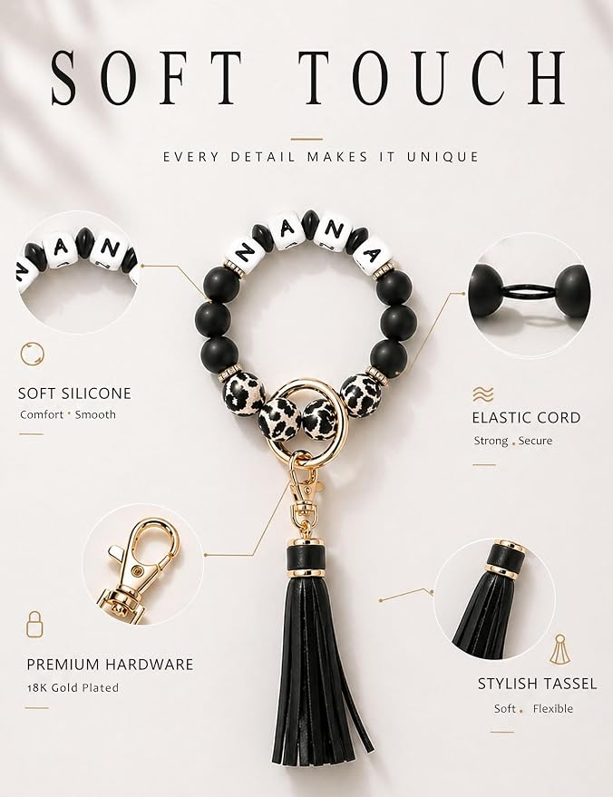 BAOSIWA Silicone Beaded Bracelet Keychain Wristlet Key Ring Bangle Chains for Women with Leather Tassel