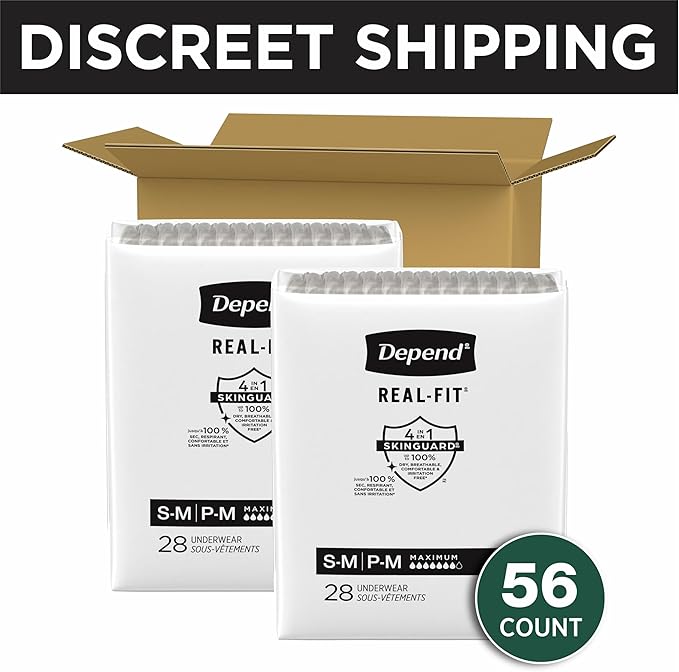 Depend Real Fit Adult Diapers, Incontinence Underwear for Men, Disposable, Maximum Absorbency, Small/Medium, Grey, 56 Count (2 Packs of 28), Packaging May Vary