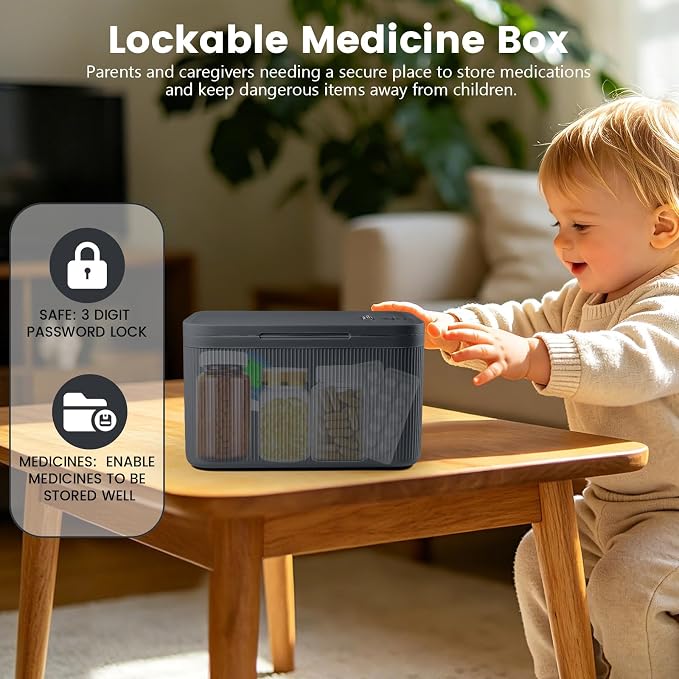 Medicine Lock Box with Code,Taller Size Small Lock Box with Combination Code for Medication Safe,Lock Box for Pills/First Aid Kits/Snack/Ipad Mini,Locked Container for Home/Office 9.4X5.5X5.7inch Gray