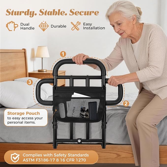 Heavy Duty Bed Rail for Elderly Adults with 2 Grab Bars, 400LBS Capacity, Adjustable Height Bed Assist Rail with Non-Slip Foam Grip, Sensor Light & Storage Pocket for King/Queen/Full/Twin Bed