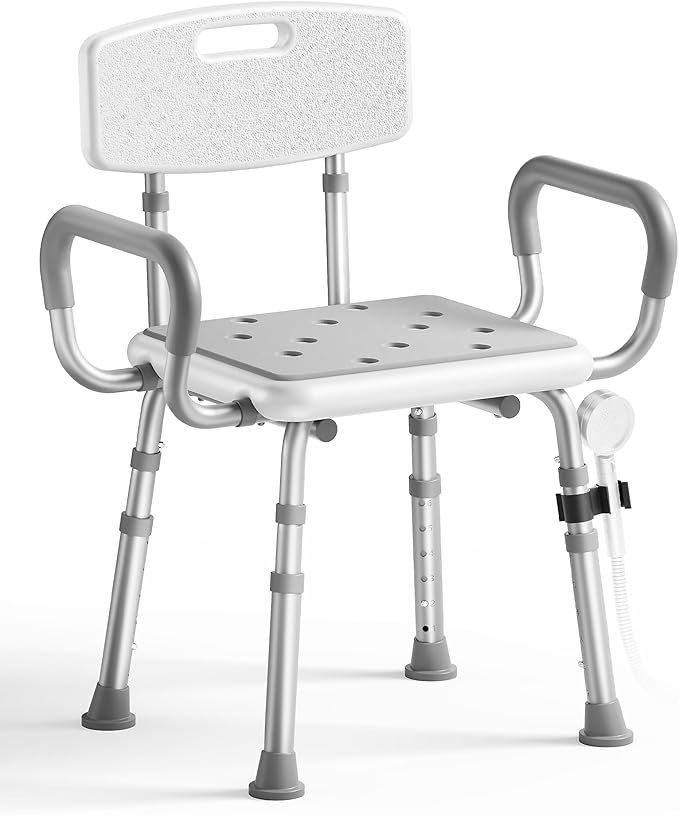SOUNDFUSE Shower Chair for Inside Shower with Arms and Back, FSA/HSA, Height Adjustable Shower Chair for Elderly and Disabled with Enhanced Non-Slip Feet, 400 lbs Heavy Duty Shower Seat for Seniors
