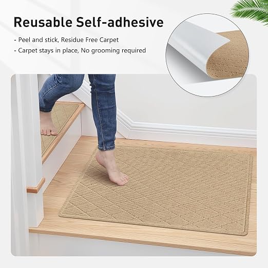 Stair Treads Landing Rug for Wooden Steps Indoor, Peel and Stick Stair Treads Matching-Mat 20"X32" Stair Landing Slip Resistant Polyester Stair Rugs Non Slip for Seniors and Dogs, Beige