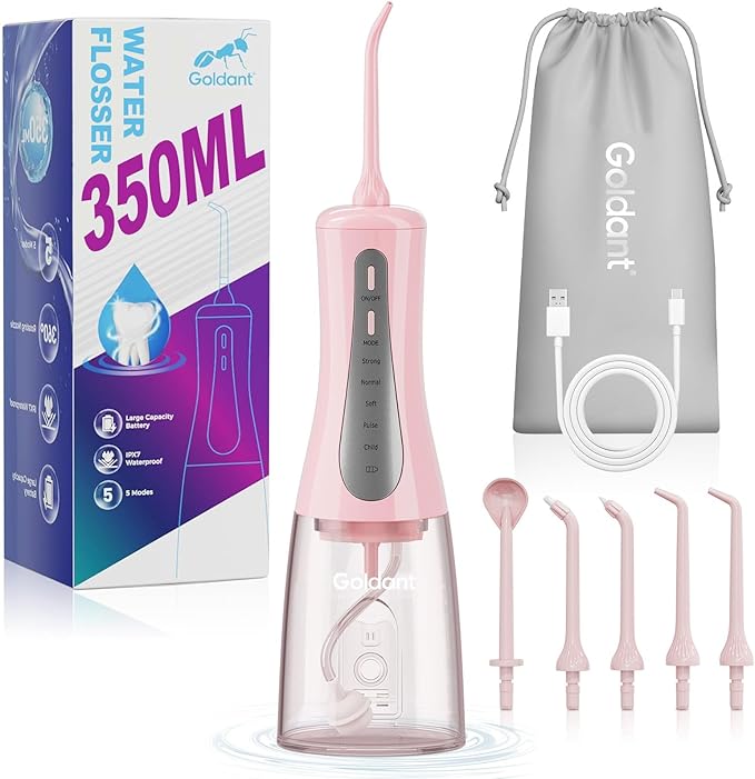 350ML Water Dental Flosser Teeth Pick with Travel Bag, 5 Modes Portable Cordless Oral Irrigator Cleaner, Electric Rechargeable IPX7 Waterproof for Home Travel Teeth Cleaning flossing (Pink)