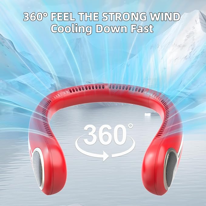 Portable Neck Fan, Personal Wearable Bladeless Fan, 6000mAh USB Rechargeable, 360° Airflow, LED Display, 4-Speeds, Hands Free Fan for Outdoor Indoor, Birthday Gifts for Men Women Dad Mom (Red)