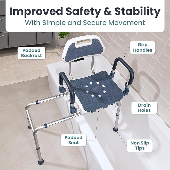Sliding Shower Chair Tub Transfer Bench with Swivel Seat, Shower Bench for Elderly and Disabled, with Security Belt, 360 Rotation, Slides and Rotates, Adjustable,one Touch Slide Button, Dark Blue