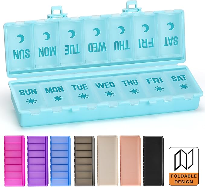 Foldable Pill Organizer 2 Times a Day w/Etched Labels -Dual Protection & Portable Weekly AM PM Pill Box, 7 Day Medicine Container, Large Travel Pill Case for Week Daily Supplement Vitamin - Sky Blue
