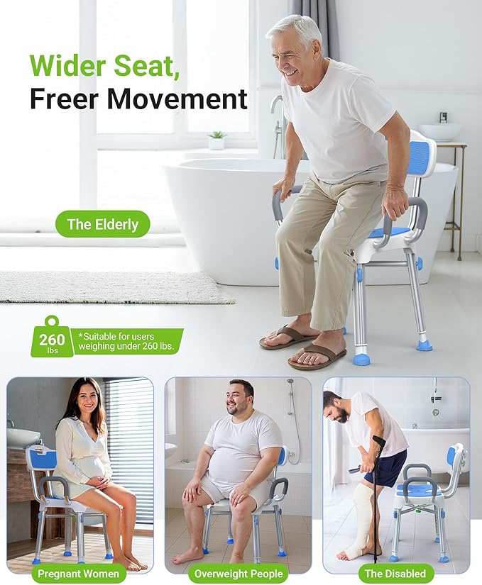 Ergonomic H-Shaped Shower Chair for Elderly and Disabled with Padded Back & Arms,500 lbs Heavy Duty Adjustable Shower Stool Seat for Easy Cleaning, Anti-Slip Bath Chairs for Bathtub