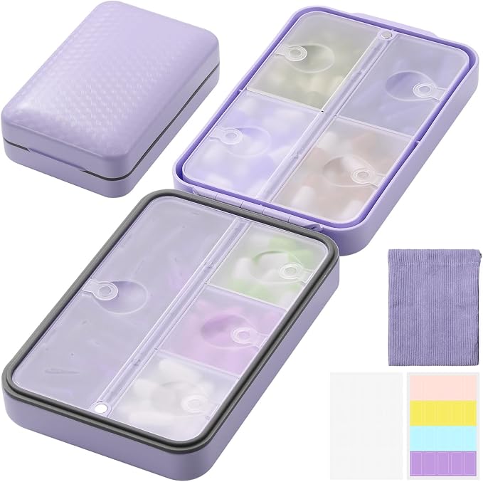 Travel Pill Organizer with Blank Labels, Weekly Pill Box, 8 Large Compartments Medicine Organizer, Moisture-Proof Pill Case for Vitamin, Medicine, Fish Oil/Supplements,