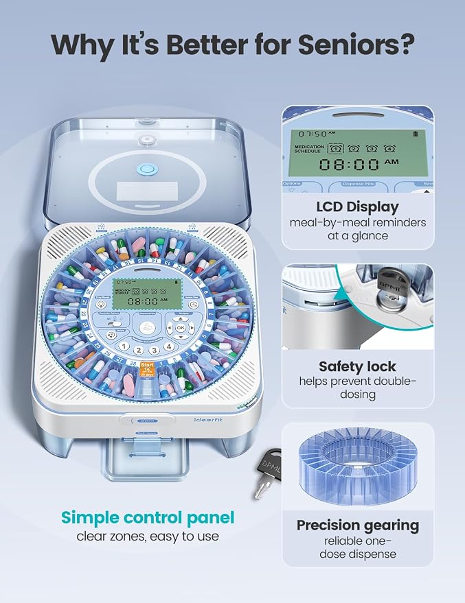 28-Day (1X) Automatic Pill Dispenser, No APP with Alarm & Desiccant | Easy medication management with Sound & Light Alerts, One-Press Dispensing, Large Compartments for Pills, Tablets & Capsules